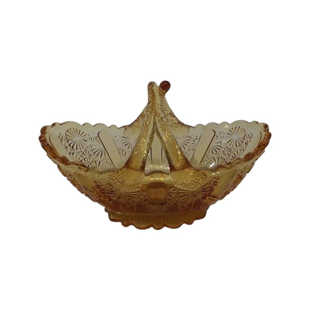 Amber Glass Basket Small Daisy Pattern Split Twig Handle Candy Dish - Picture 3 of 10
